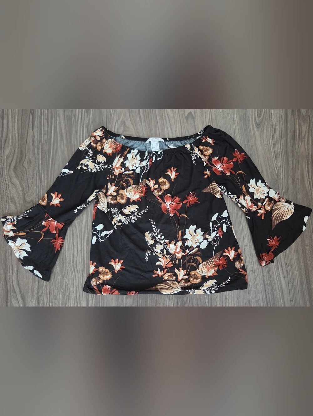 VENUS Black Floral Bell Shaped Long-Sleeve Tunic with Rust and Cream Blooms